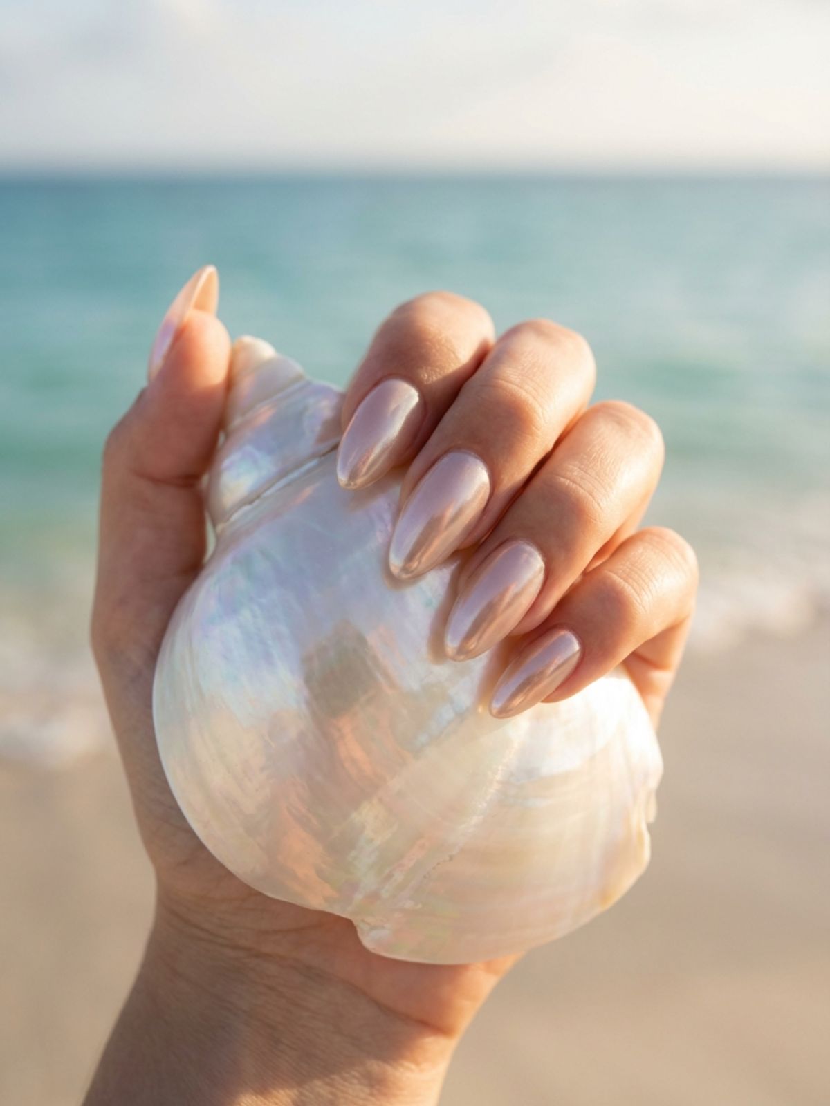 Minimal Nails for Beach Vacation - Glazed chrome nails mimic the inside of a seashell, catching the light with every movement.