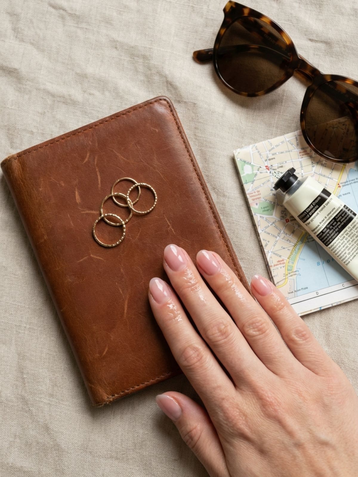 soap nails trend travel flatlay Minimal Nails for Business Trips - The 'soap nail' trend gives your hands a freshly scrubbed, ultra-clean look perfect for travel.